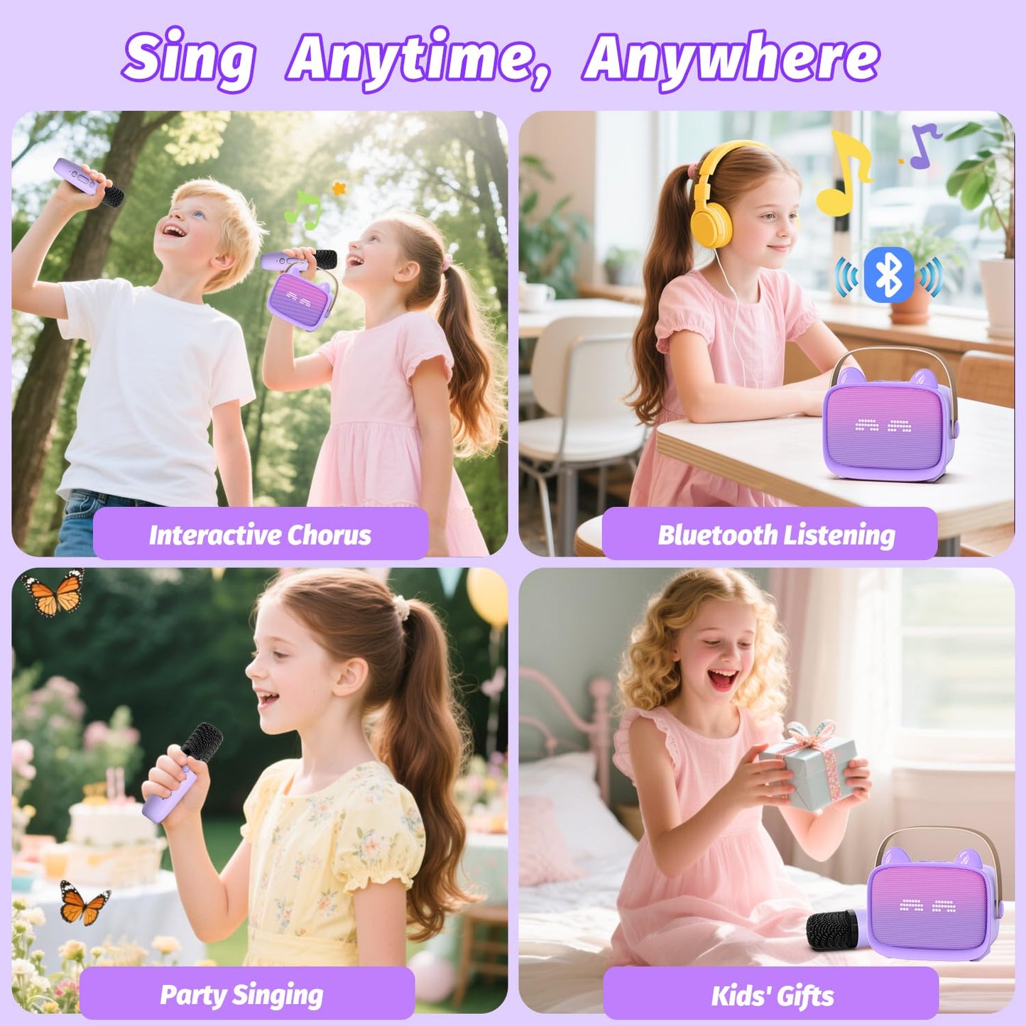 Kids Mini Karaoke Machine Set with Dual Wireless Microphones - Portable Bluetooth Speaker & LED Lights (Purple)