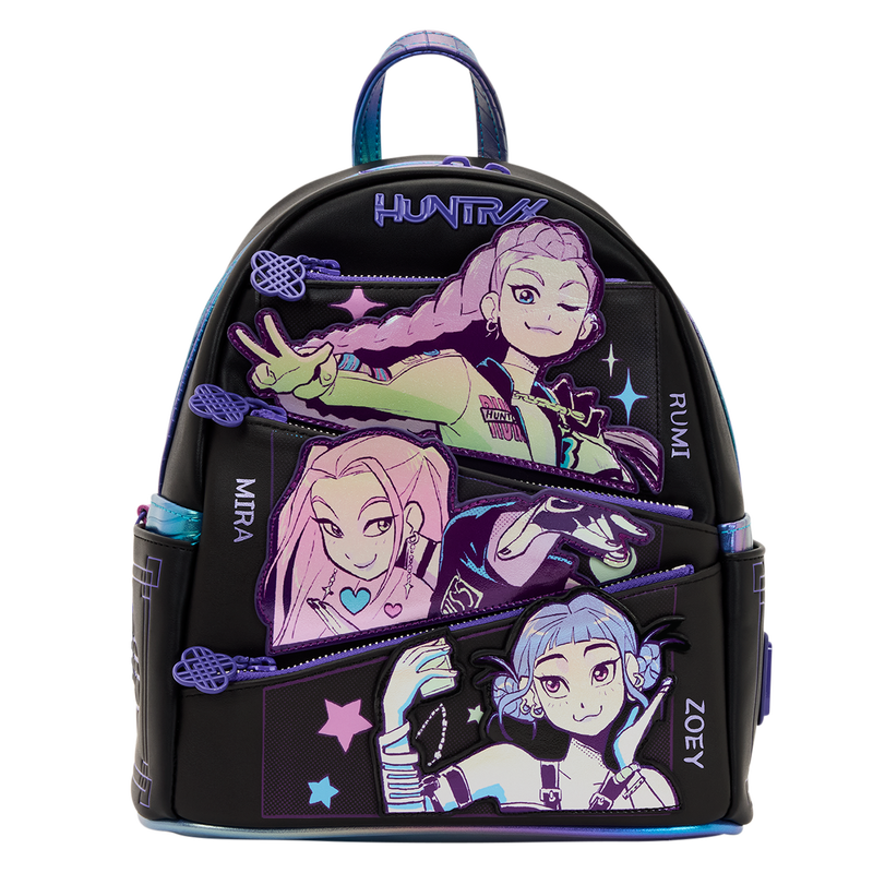 Official KPop Demon Hunters HUNTR/X Trio Pocket Mini Backpack with iridescent Rumi, Mira, and Zoey appliques