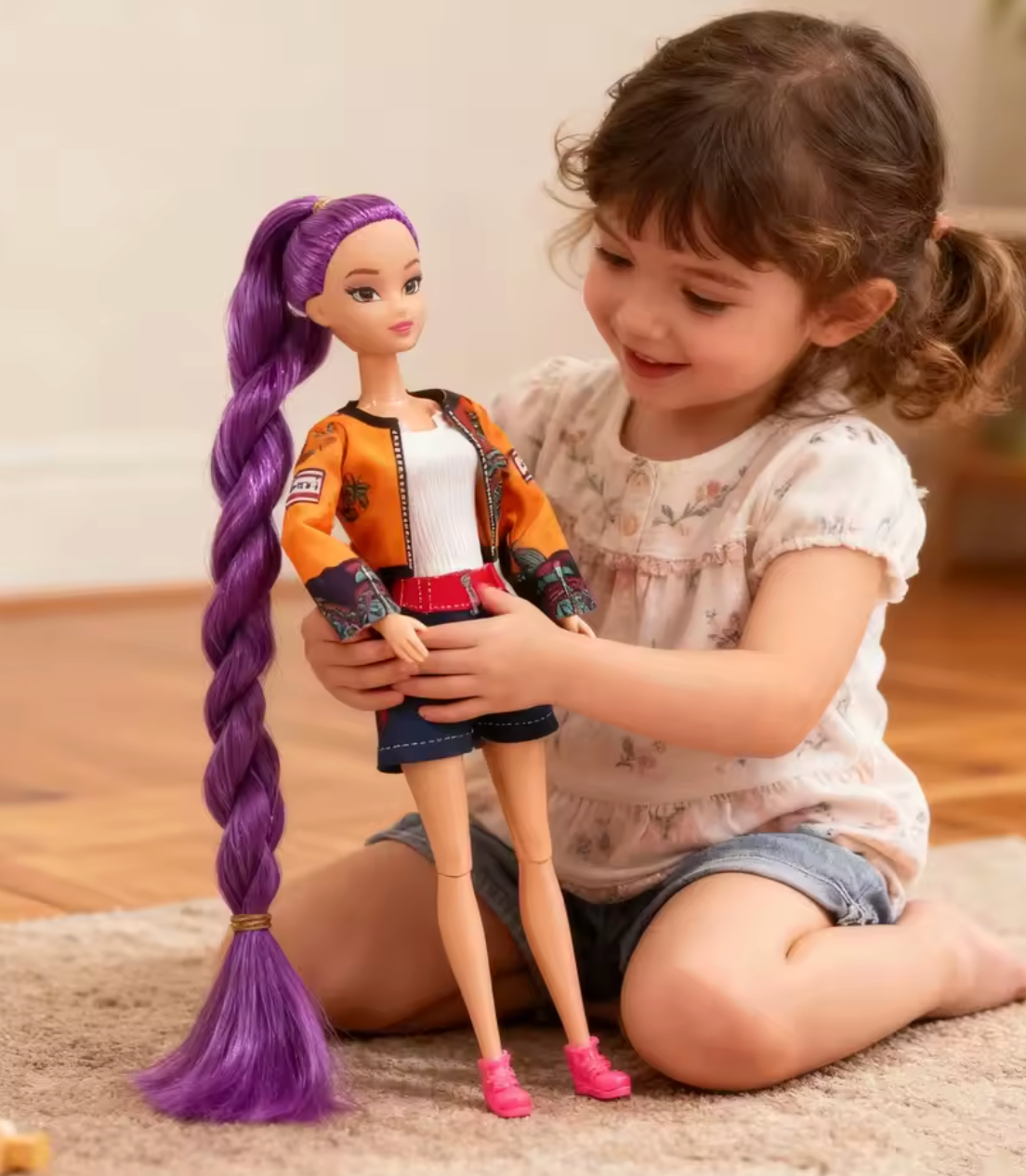 Rumi Huntrix collectible fashion doll from K-Pop Demon Hunters being played with by a child