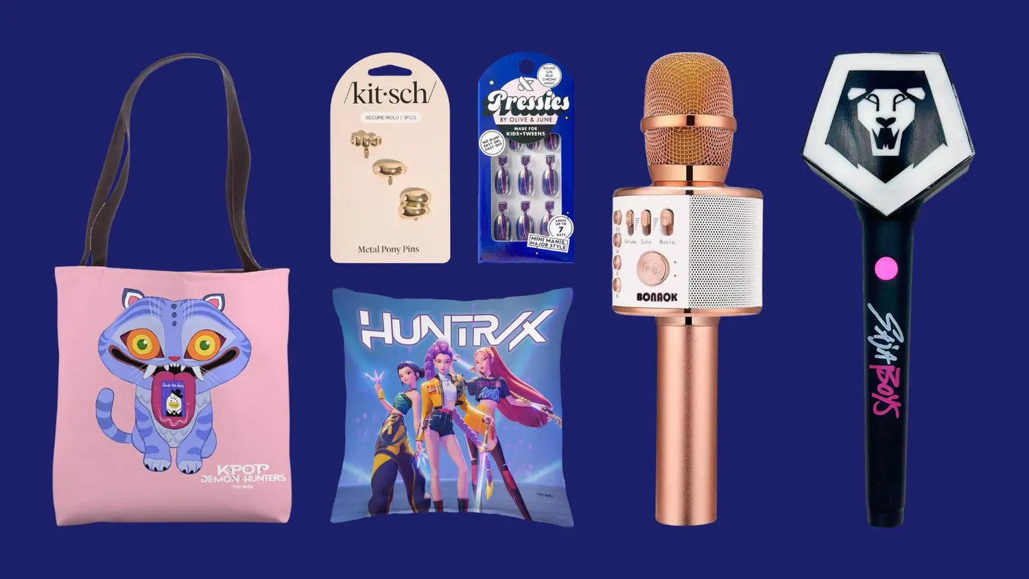K-Pop Demon Hunters accessories and collectibles including bags, mugs, posters and fan merchandise