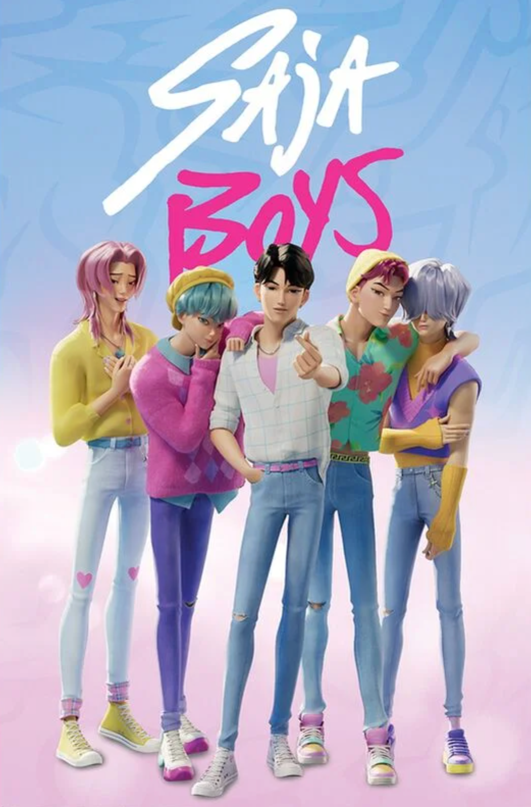 Official K-Pop Demon Hunters Saja Boys collection banner featuring group members in Dark Idol stage outfits and streetwear