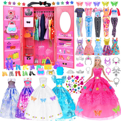 140 Pack 11.5 inch Doll and Closet Set - Fashion DIY Wardrobe Clothes and Accessories Including Doll, Wardrobe, Wedding Dress,Shoes, Necklace, Bags and More