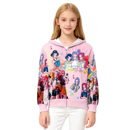 Girls Zip-Up Hoodie K-Pop Demon Graphic Print Long Sleeve Sweatshirt with Pockets