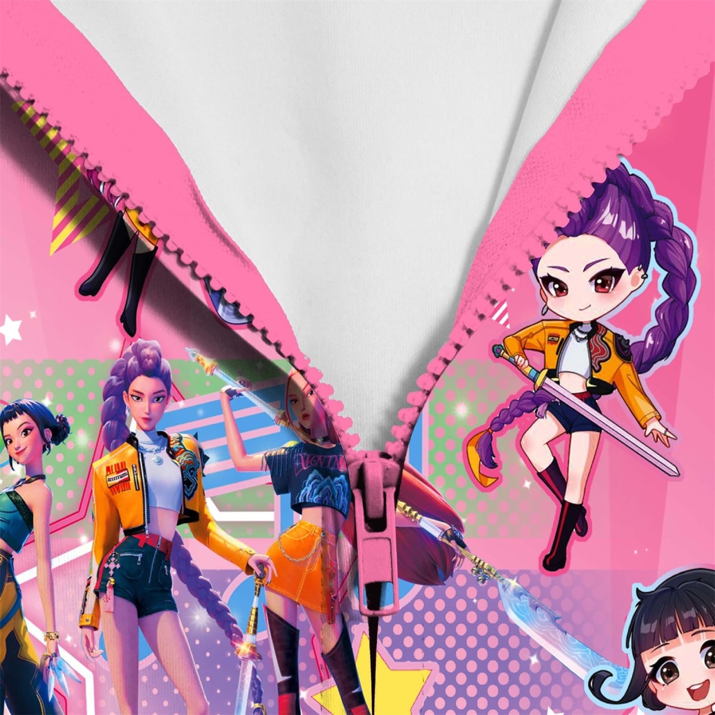 Girls Zip-Up Hoodie K-Pop Demon Graphic Print Long Sleeve Sweatshirt with Pockets