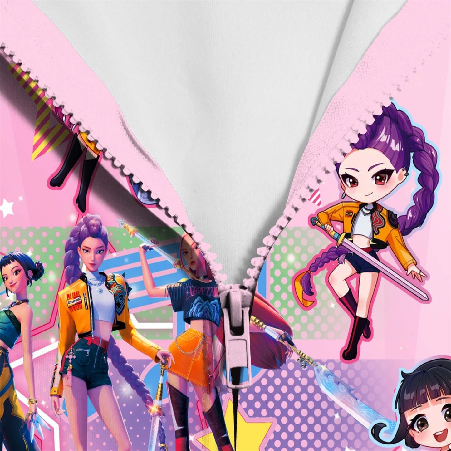 Girls Zip-Up Hoodie K-Pop Demon Graphic Print Long Sleeve Sweatshirt with Pockets