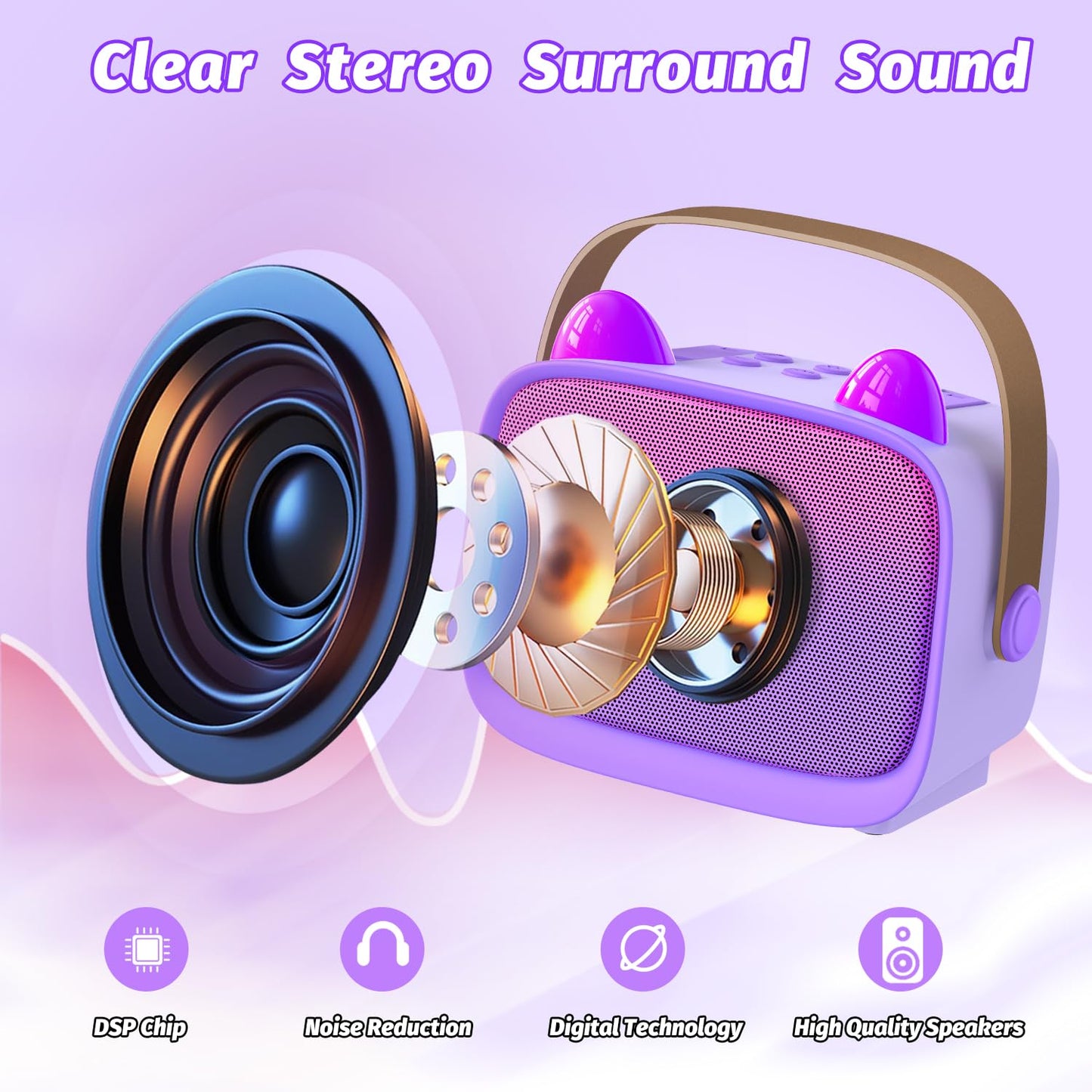 Kids Mini Karaoke Machine Set with Dual Wireless Microphones - Portable Bluetooth Speaker & LED Lights (Purple)