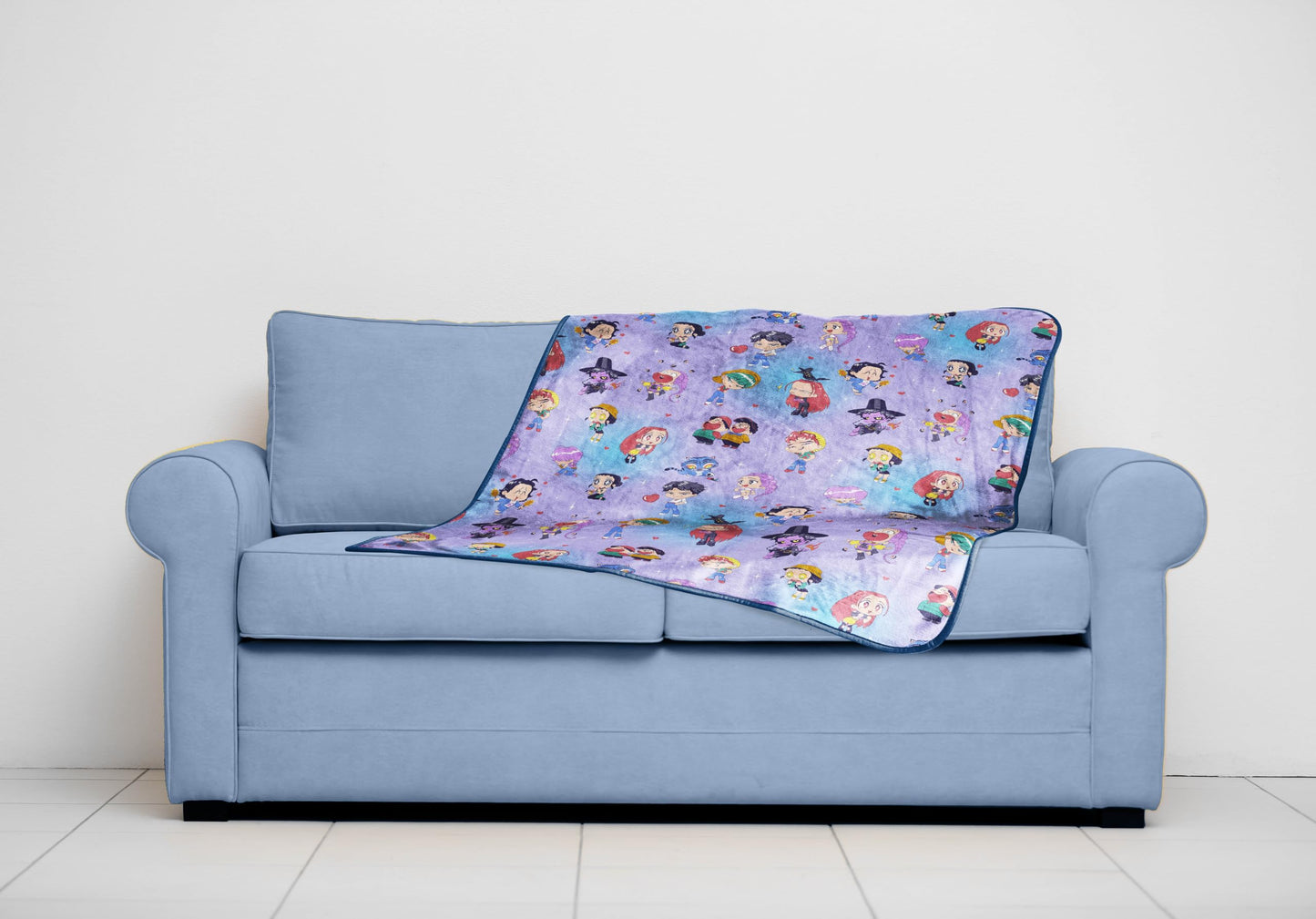 Saja Boys & Huntrix Chibi Plush Throw | K-Pop Demon Hunters Lavender Aesthetic Dorm Blanket