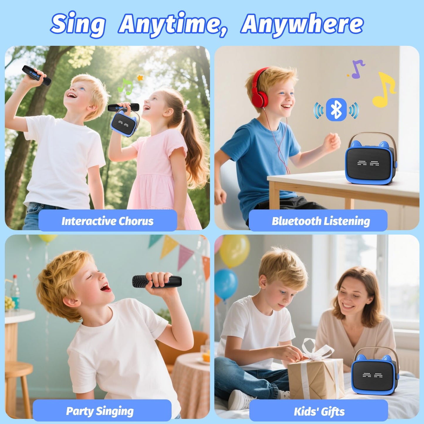 Kids Mini Karaoke Machine Set with Dual Wireless Microphones - Portable Bluetooth Speaker & LED Lights (Purple)