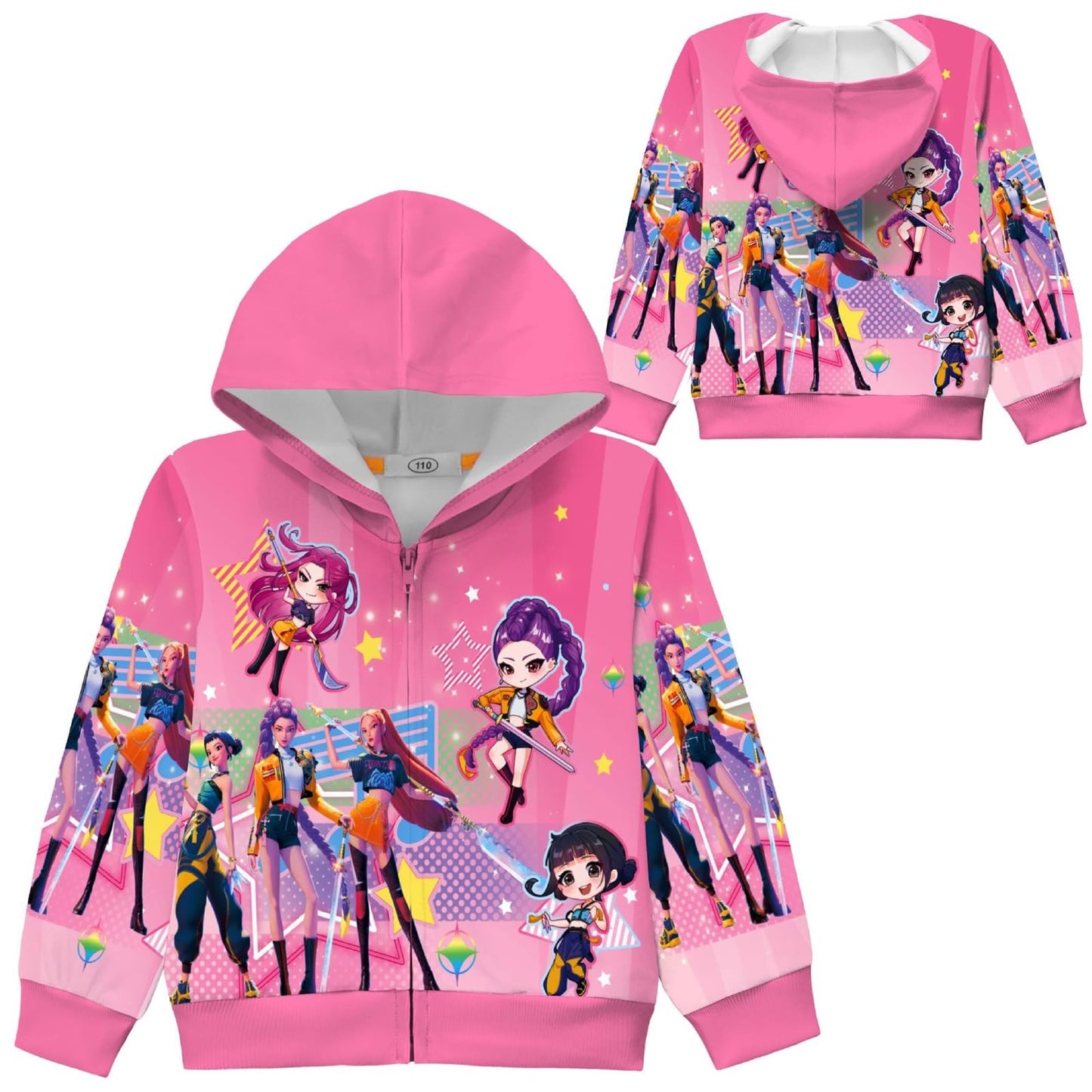 Girls Zip-Up Hoodie K-Pop Demon Graphic Print Long Sleeve Sweatshirt with Pockets