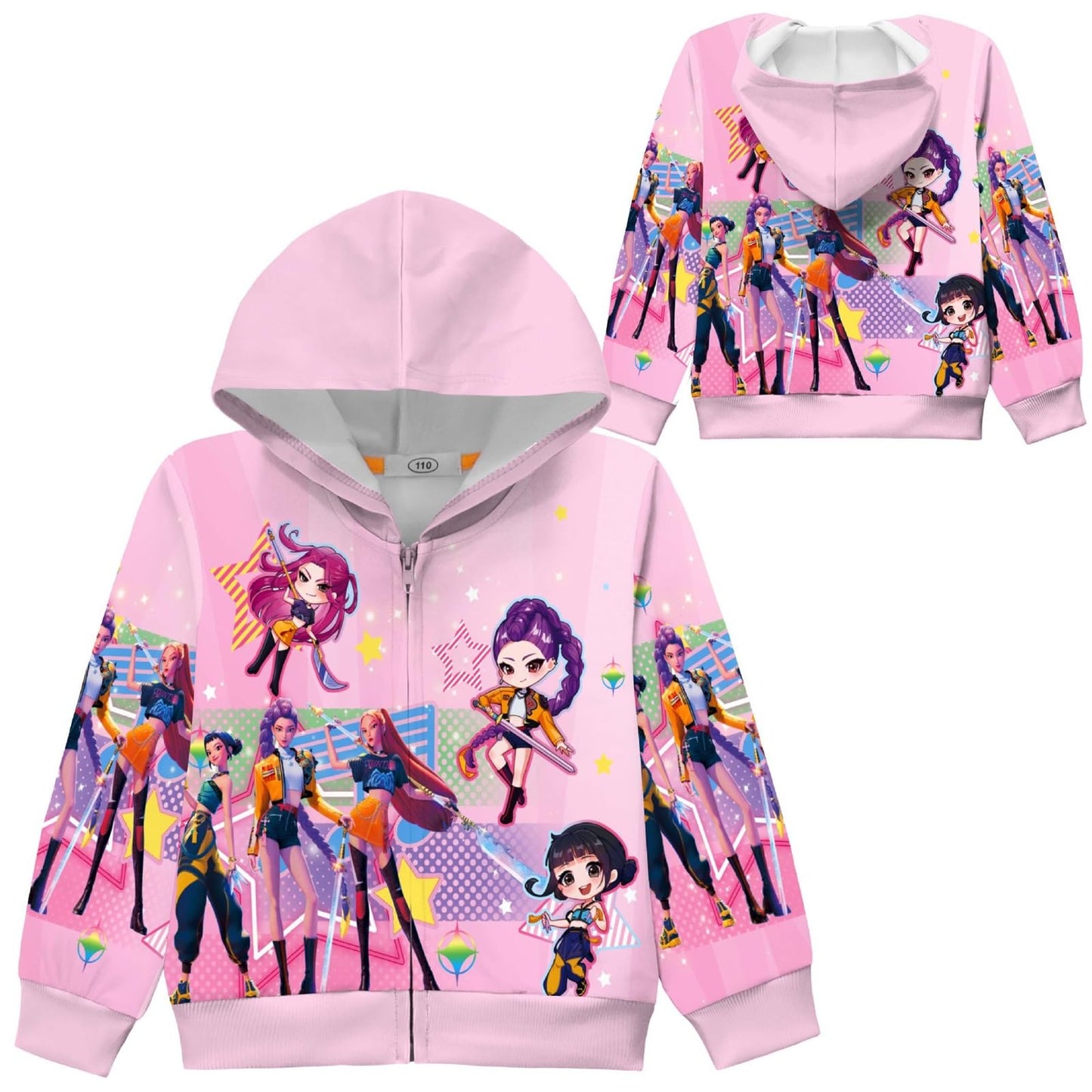 Girls Zip-Up Hoodie K-Pop Demon Graphic Print Long Sleeve Sweatshirt with Pockets