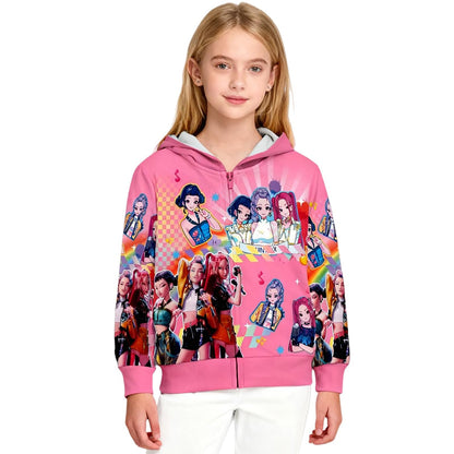 Girls Zip-Up Hoodie K-Pop Demon Graphic Print Long Sleeve Sweatshirt with Pockets