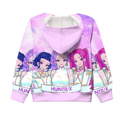 Girls Zip-Up Hoodie K-Pop Demon Graphic Print Long Sleeve Sweatshirt with Pockets