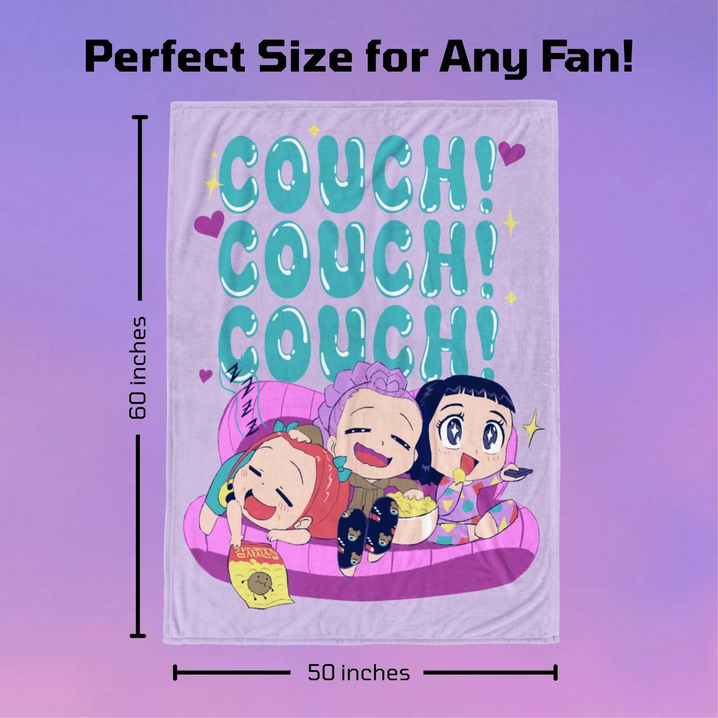 Saja Boys & Huntrix Chibi Plush Throw | K-Pop Demon Hunters Lavender Aesthetic Dorm Blanket