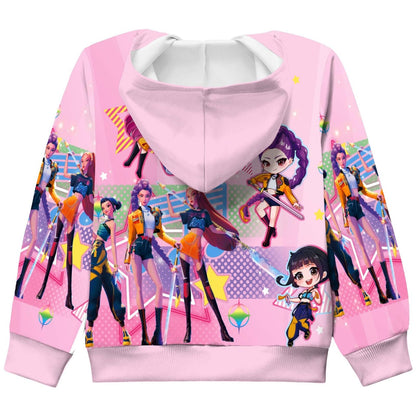 Girls Zip-Up Hoodie K-Pop Demon Graphic Print Long Sleeve Sweatshirt with Pockets