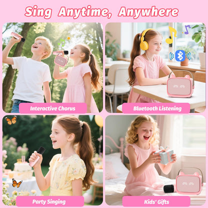 Kids Mini Karaoke Machine Set with Dual Wireless Microphones - Portable Bluetooth Speaker & LED Lights (Purple)