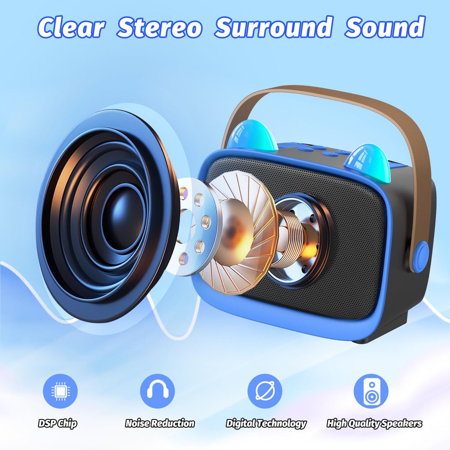 Kids Mini Karaoke Machine Set with Dual Wireless Microphones - Portable Bluetooth Speaker & LED Lights (Purple)