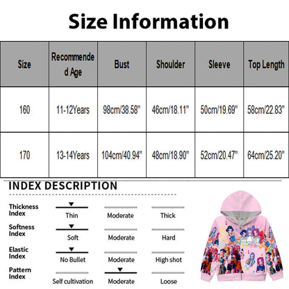 Girls Zip-Up Hoodie K-Pop Demon Graphic Print Long Sleeve Sweatshirt with Pockets