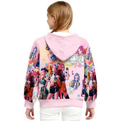 Girls Zip-Up Hoodie K-Pop Demon Graphic Print Long Sleeve Sweatshirt with Pockets