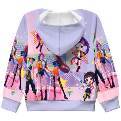 Girls Zip-Up Hoodie K-Pop Demon Graphic Print Long Sleeve Sweatshirt with Pockets
