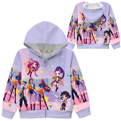 Girls Zip-Up Hoodie K-Pop Demon Graphic Print Long Sleeve Sweatshirt with Pockets