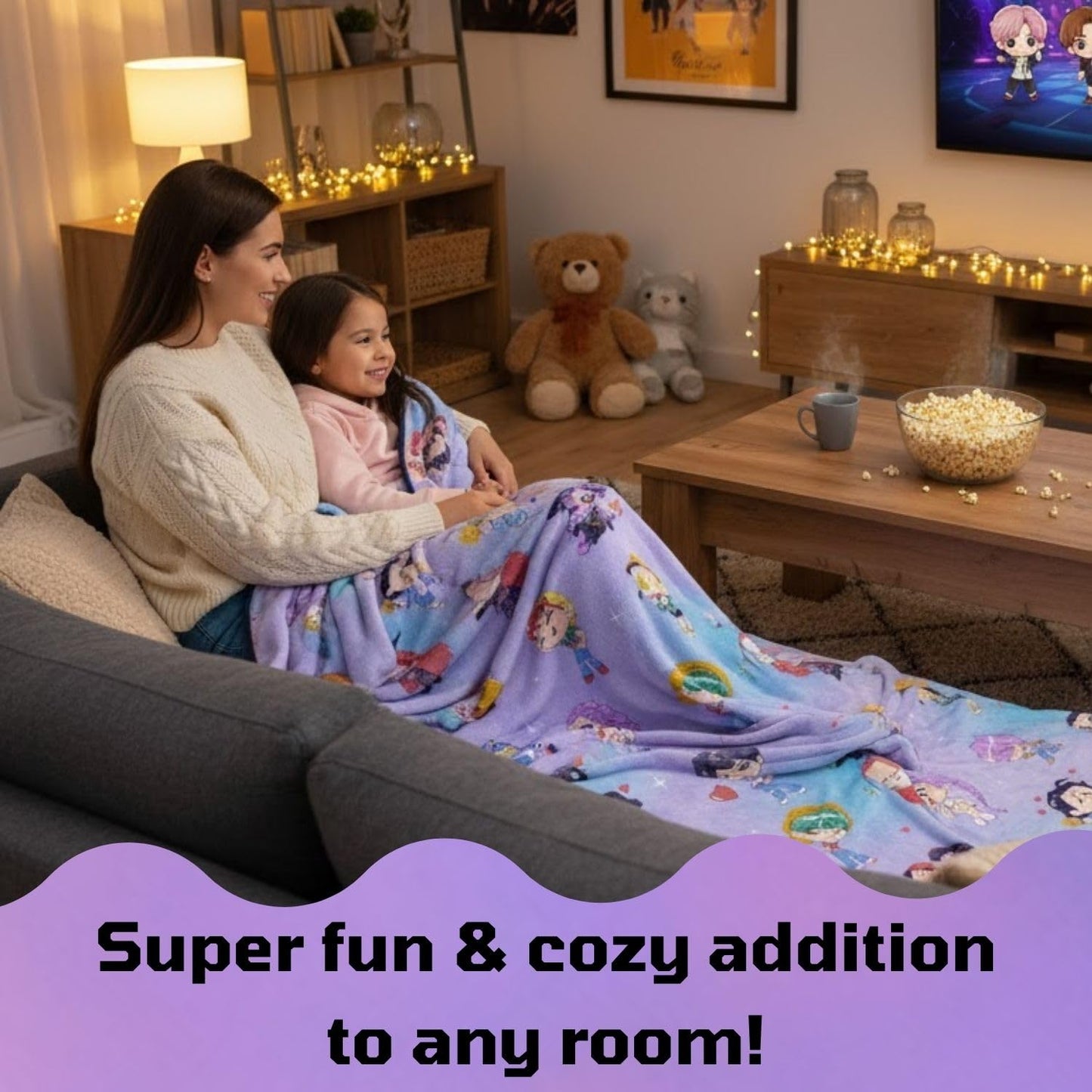 Saja Boys & Huntrix Chibi Plush Throw | K-Pop Demon Hunters Lavender Aesthetic Dorm Blanket