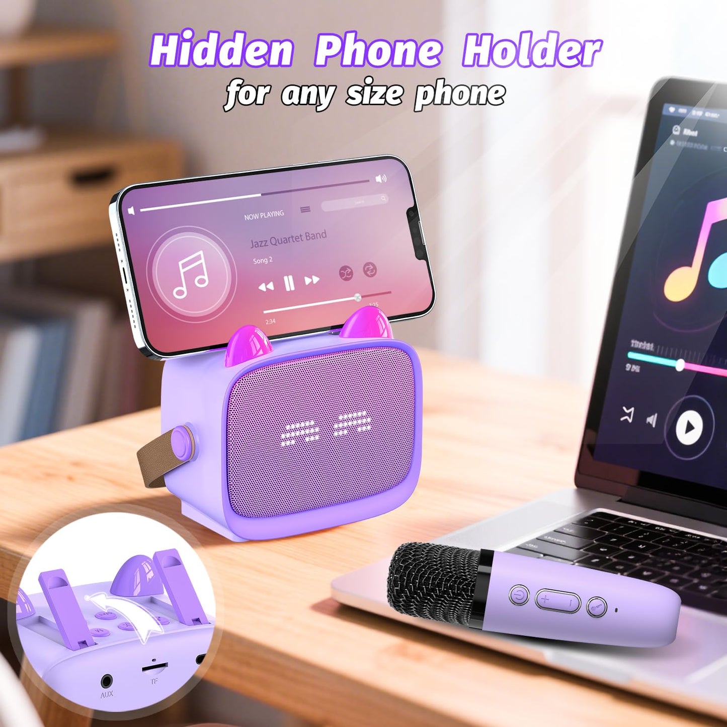 Kids Mini Karaoke Machine Set with Dual Wireless Microphones - Portable Bluetooth Speaker & LED Lights (Purple)