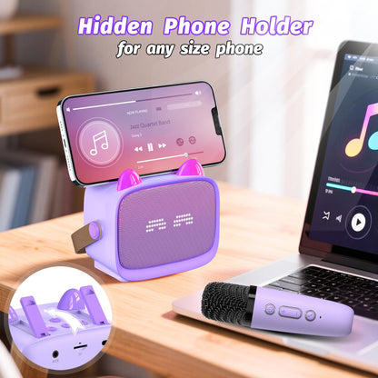 Kids Mini Karaoke Machine Set with Dual Wireless Microphones - Portable Bluetooth Speaker & LED Lights (Purple)