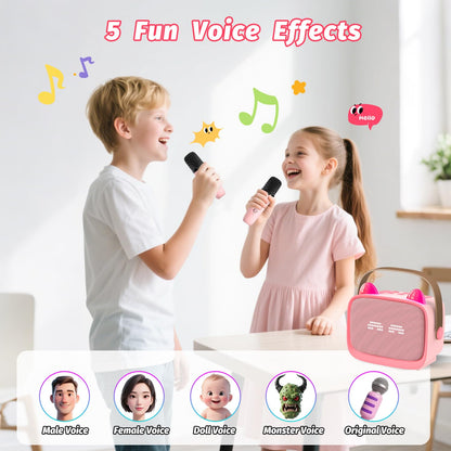 Kids Mini Karaoke Machine Set with Dual Wireless Microphones - Portable Bluetooth Speaker & LED Lights (Purple)