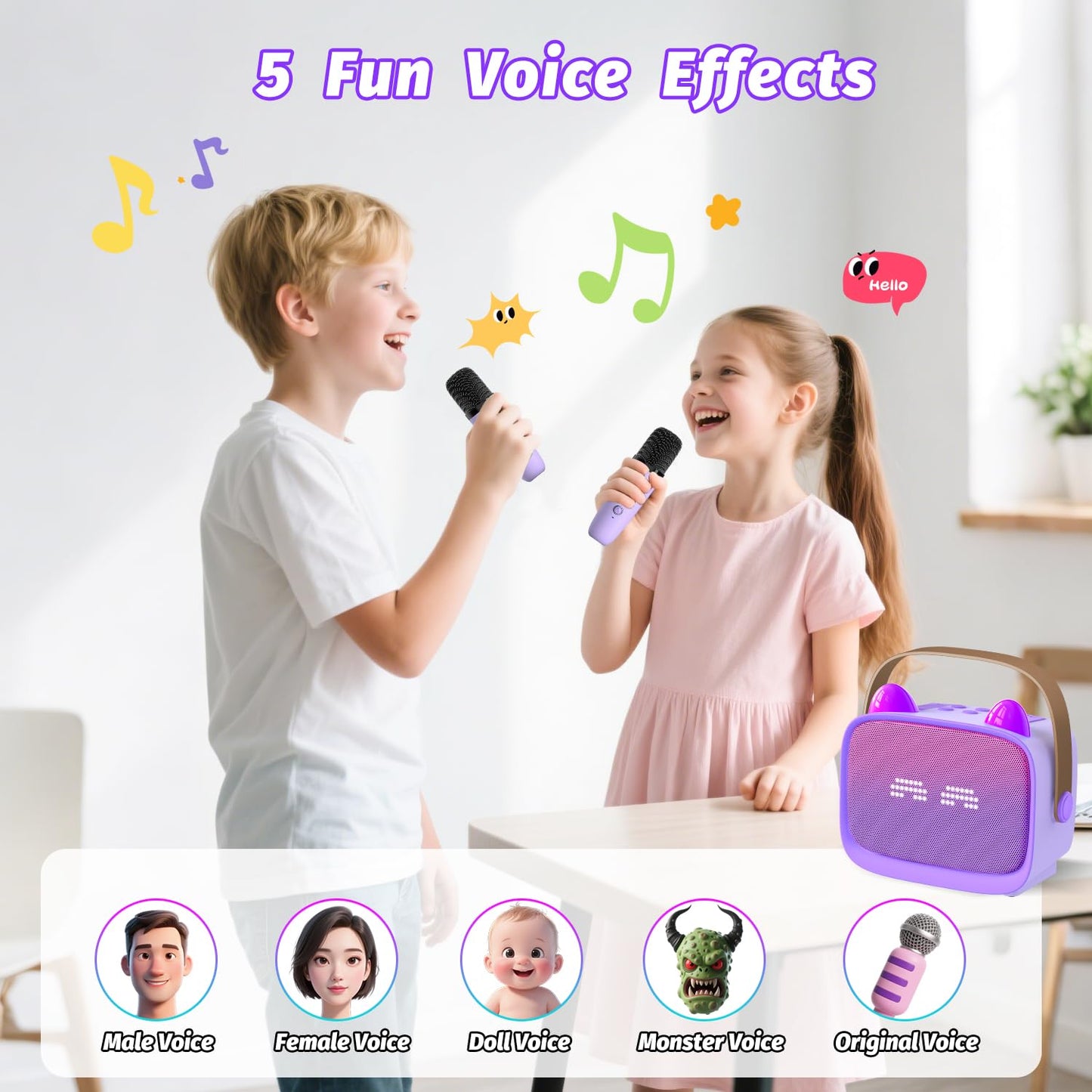 Kids Mini Karaoke Machine Set with Dual Wireless Microphones - Portable Bluetooth Speaker & LED Lights (Purple)