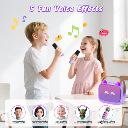 Kids Mini Karaoke Machine Set with Dual Wireless Microphones - Portable Bluetooth Speaker & LED Lights (Purple)
