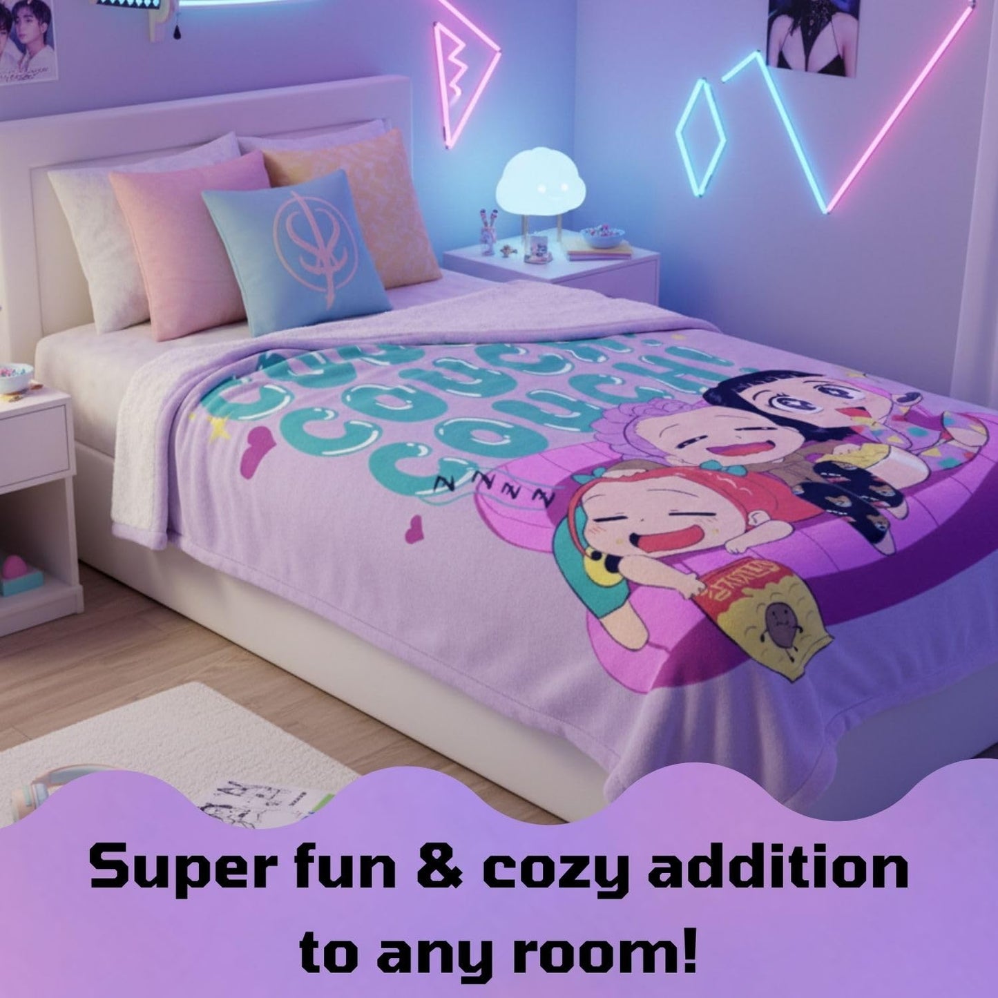 Saja Boys & Huntrix Chibi Plush Throw | K-Pop Demon Hunters Lavender Aesthetic Dorm Blanket