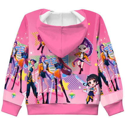 Girls Zip-Up Hoodie K-Pop Demon Graphic Print Long Sleeve Sweatshirt with Pockets