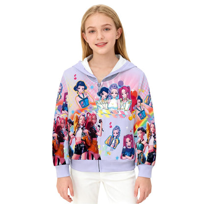 Girls Zip-Up Hoodie K-Pop Demon Graphic Print Long Sleeve Sweatshirt with Pockets