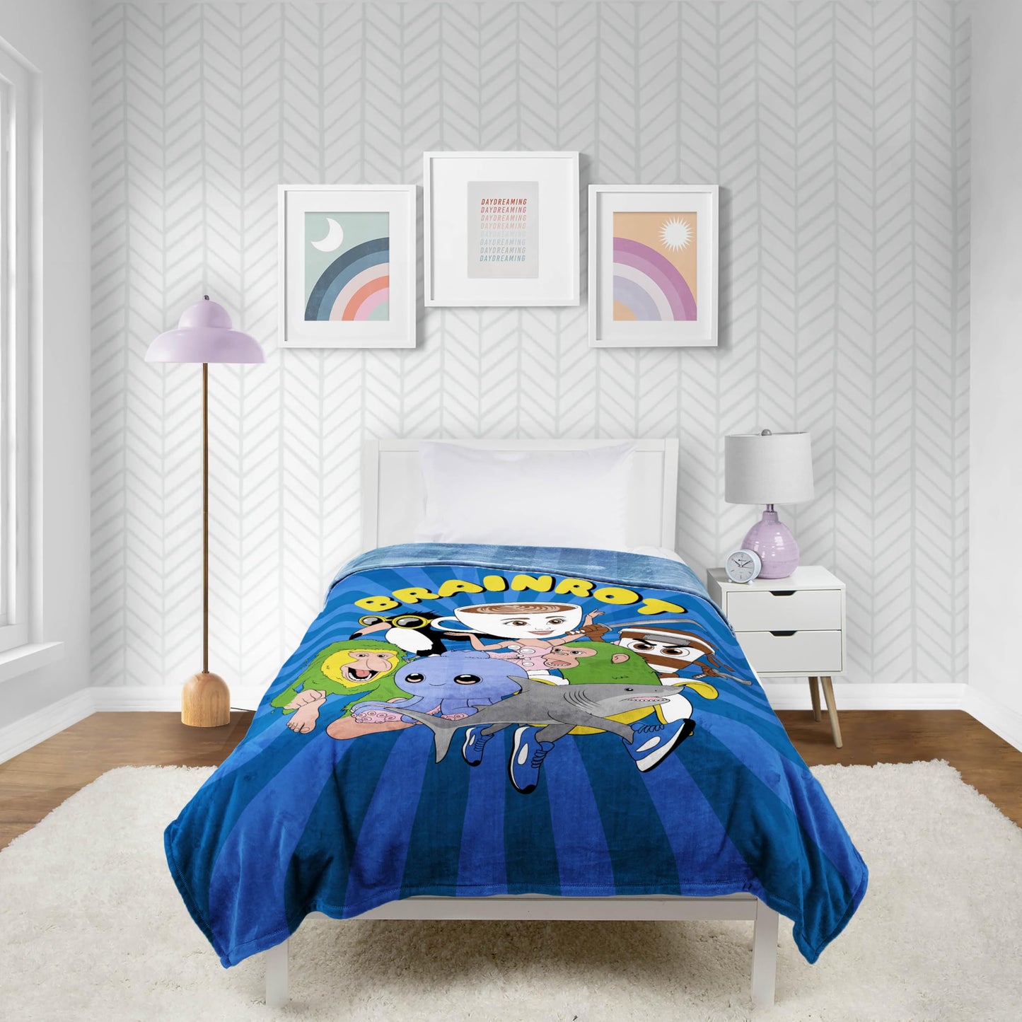 Saja Boys & Huntrix Chibi Plush Throw | K-Pop Demon Hunters Lavender Aesthetic Dorm Blanket