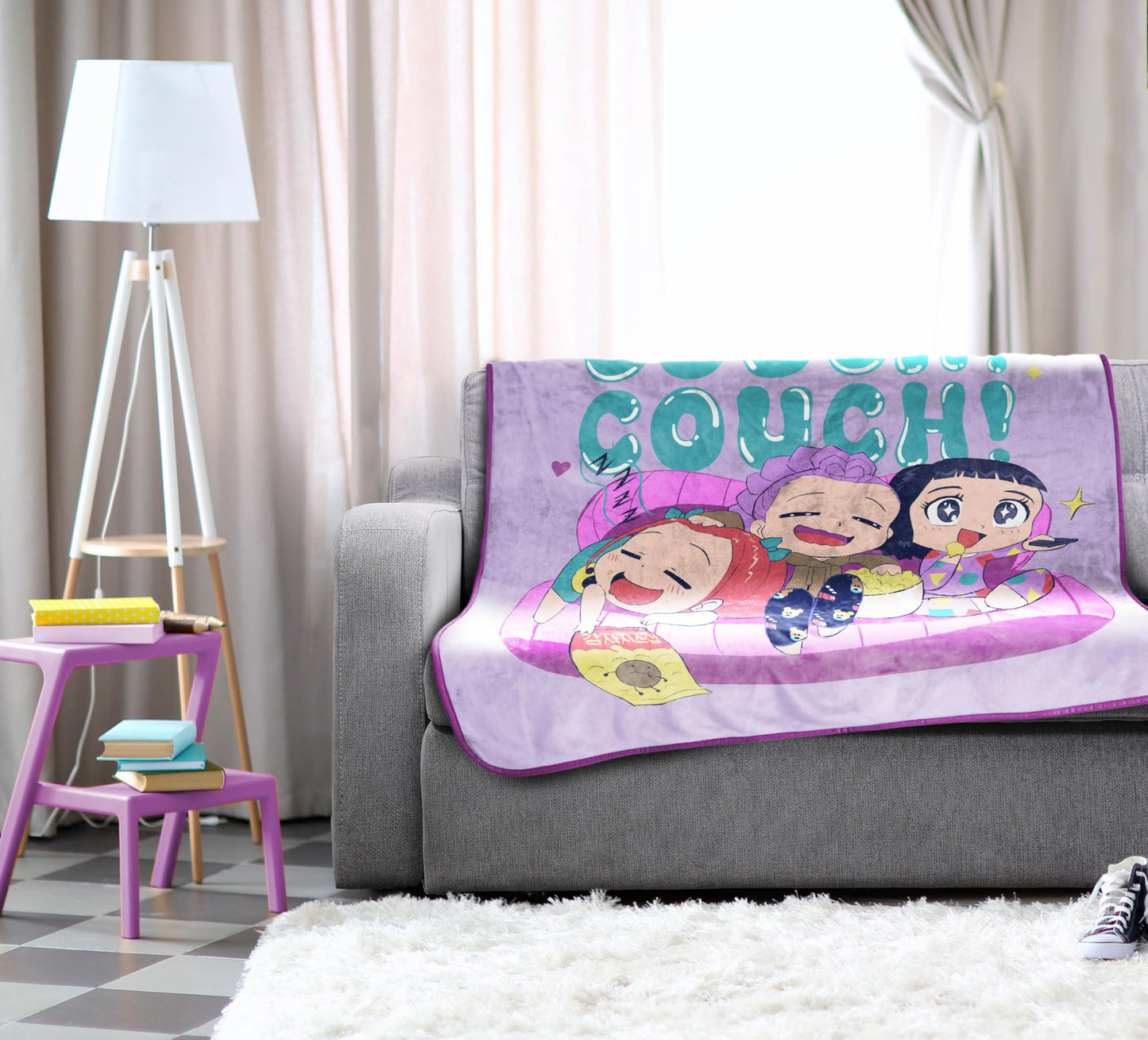 Saja Boys & Huntrix Chibi Plush Throw | K-Pop Demon Hunters Lavender Aesthetic Dorm Blanket