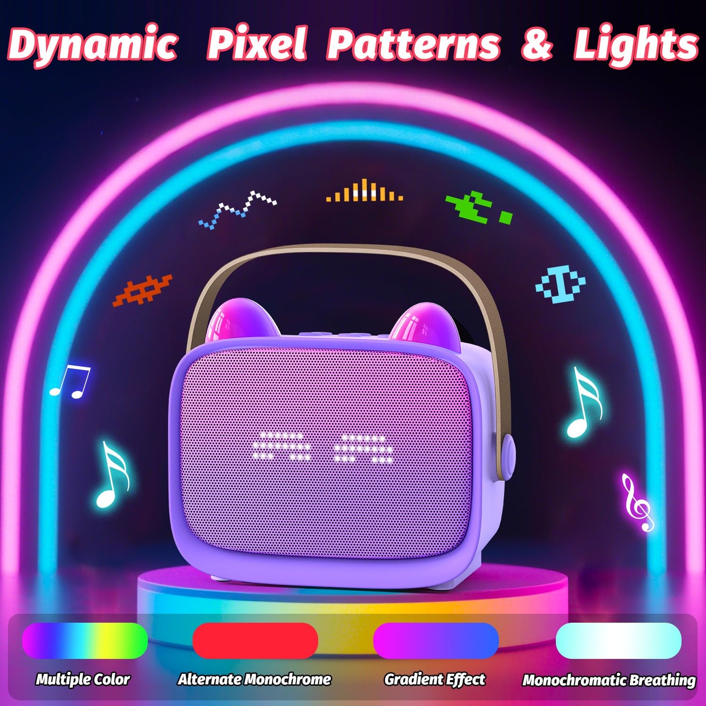 Kids Mini Karaoke Machine Set with Dual Wireless Microphones - Portable Bluetooth Speaker & LED Lights (Purple)