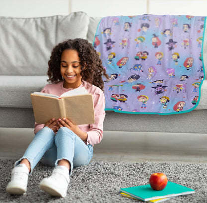 Saja Boys & Huntrix Chibi Plush Throw | K-Pop Demon Hunters Lavender Aesthetic Dorm Blanket