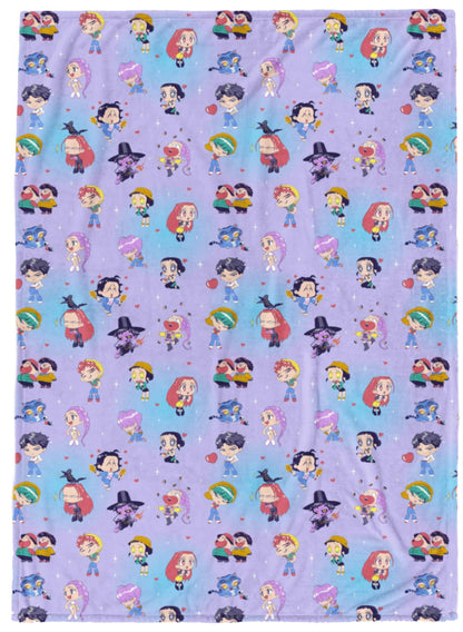Saja Boys & Huntrix Chibi Plush Throw | K-Pop Demon Hunters Lavender Aesthetic Dorm Blanket
