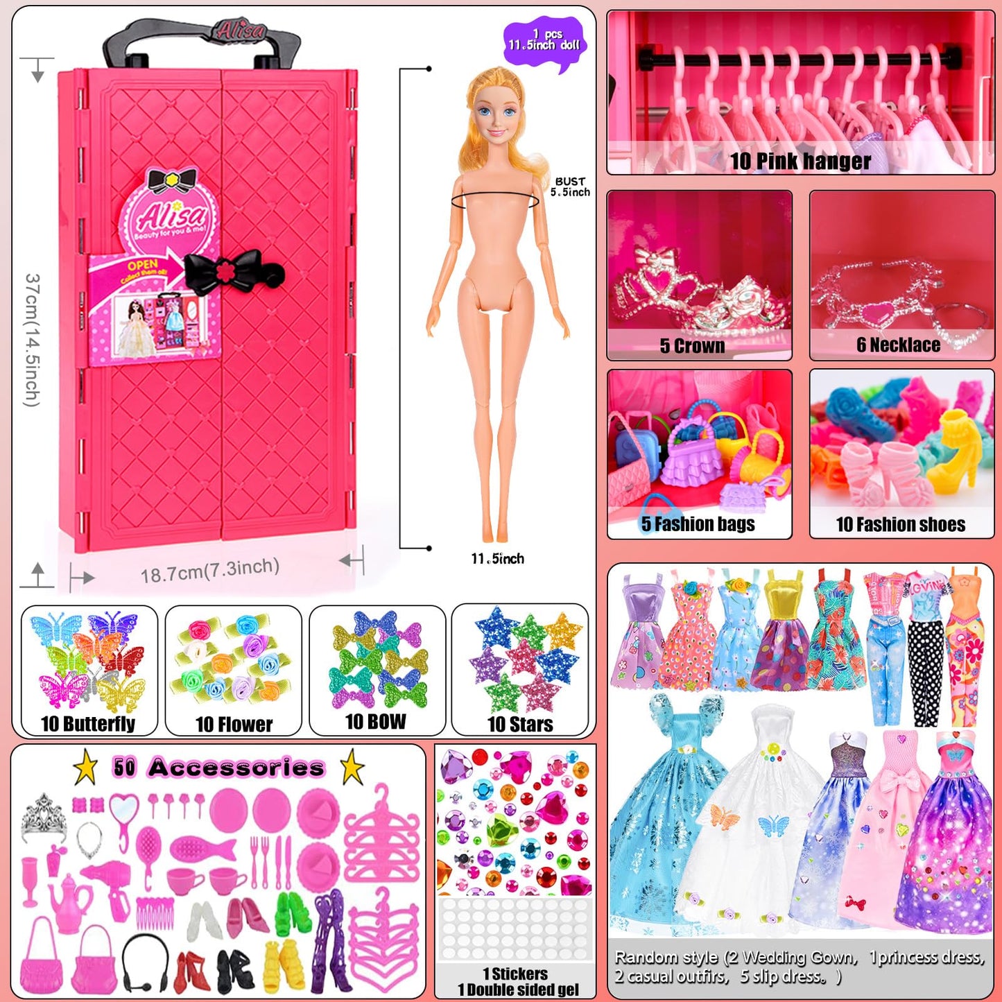 140 Pack 11.5-inch Doll & Closet Set — Fashion DIY Wardrobe Clothes & Accessories