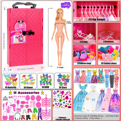 140 Pack 11.5-inch Doll & Closet Set — Fashion DIY Wardrobe Clothes & Accessories