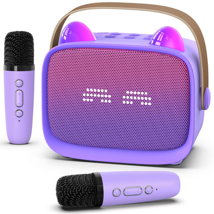 Kids Mini Karaoke Machine Set with Dual Wireless Microphones - Portable Bluetooth Speaker & LED Lights (Purple)