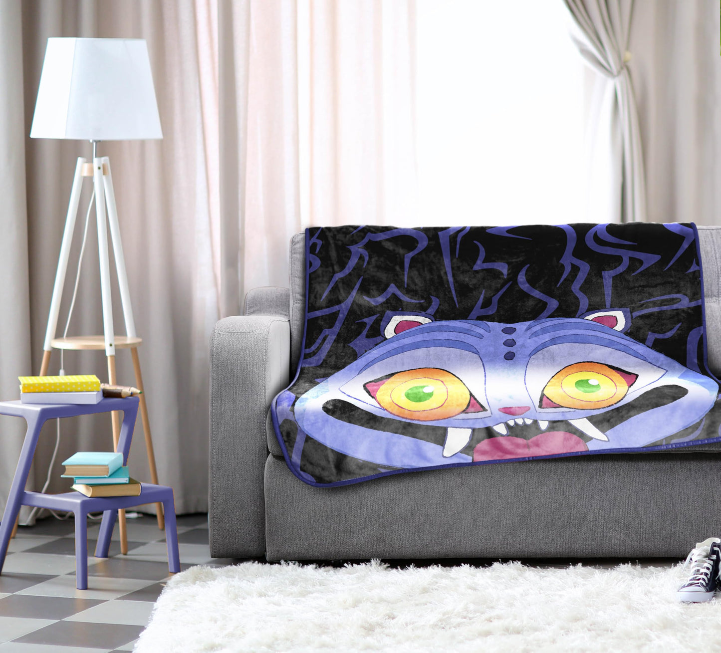 Saja Boys & Huntrix Chibi Plush Throw | K-Pop Demon Hunters Lavender Aesthetic Dorm Blanket