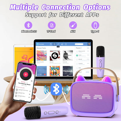 Kids Mini Karaoke Machine Set with Dual Wireless Microphones - Portable Bluetooth Speaker & LED Lights (Purple)