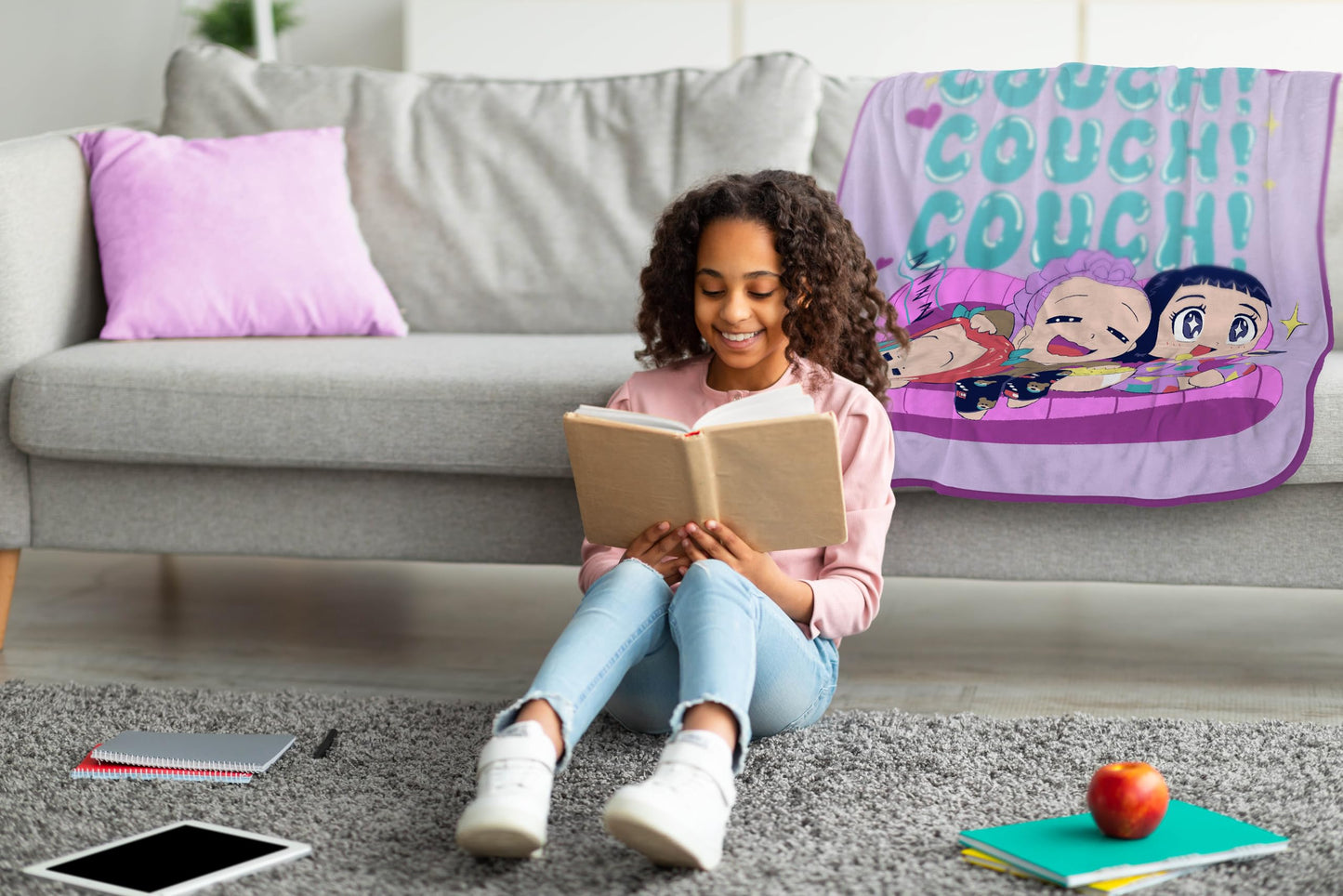 Saja Boys & Huntrix Chibi Plush Throw | K-Pop Demon Hunters Lavender Aesthetic Dorm Blanket