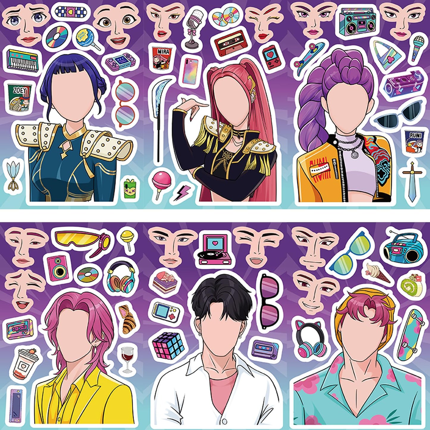 K-Pop Demon Hunters DIY "Make-A-Face" Sticker Set | 24-Sheet Saja Boys & Huntrix Interactive Party Decals