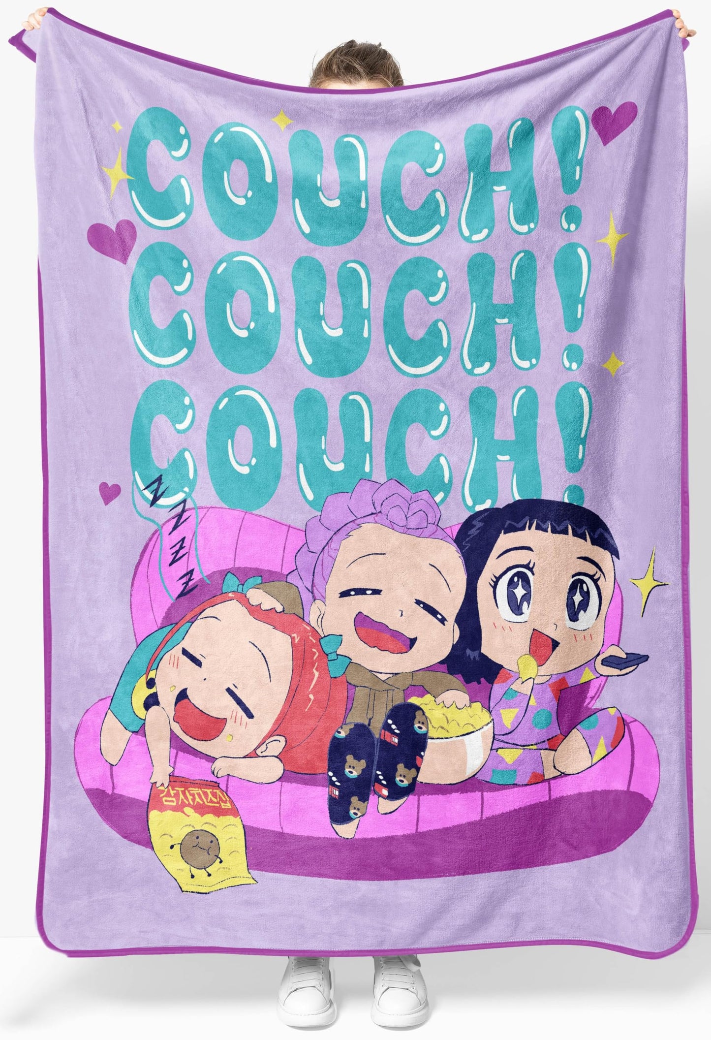 Saja Boys & Huntrix Chibi Plush Throw | K-Pop Demon Hunters Lavender Aesthetic Dorm Blanket