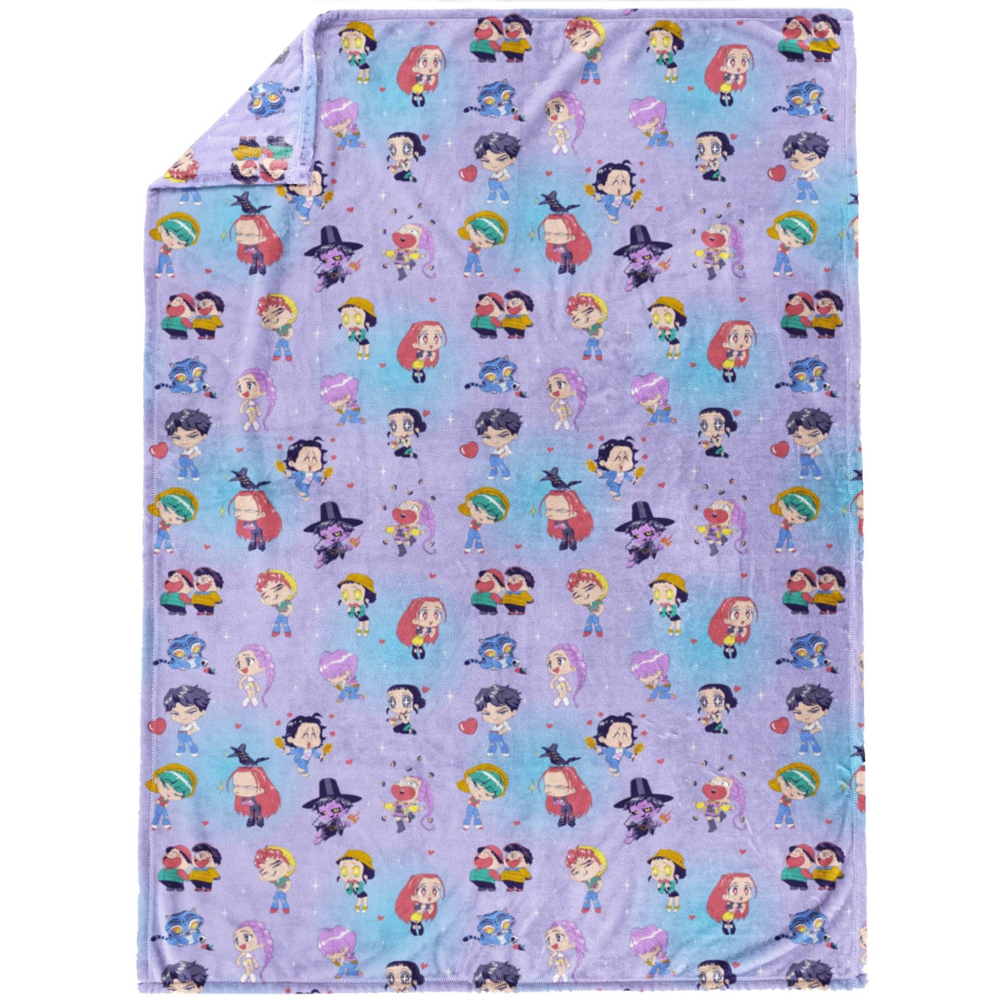 Saja Boys & Huntrix Chibi Plush Throw | K-Pop Demon Hunters Lavender Aesthetic Dorm Blanket