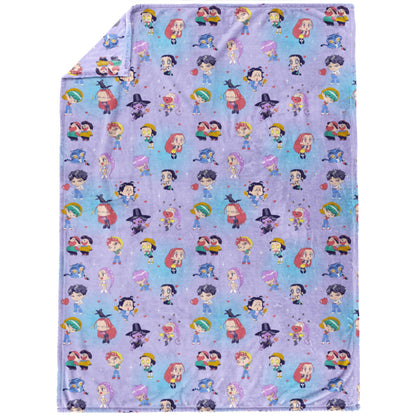 Saja Boys & Huntrix Chibi Plush Throw | K-Pop Demon Hunters Lavender Aesthetic Dorm Blanket