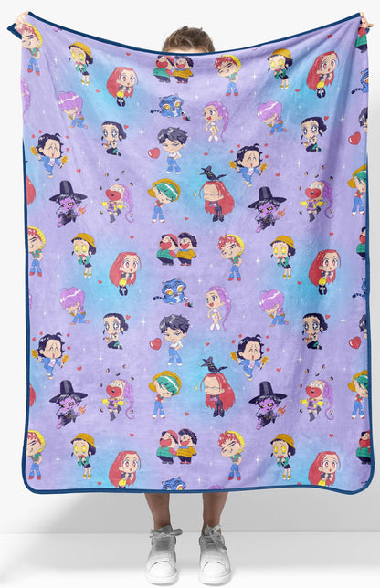 Saja Boys & Huntrix Chibi Plush Throw | K-Pop Demon Hunters Lavender Aesthetic Dorm Blanket