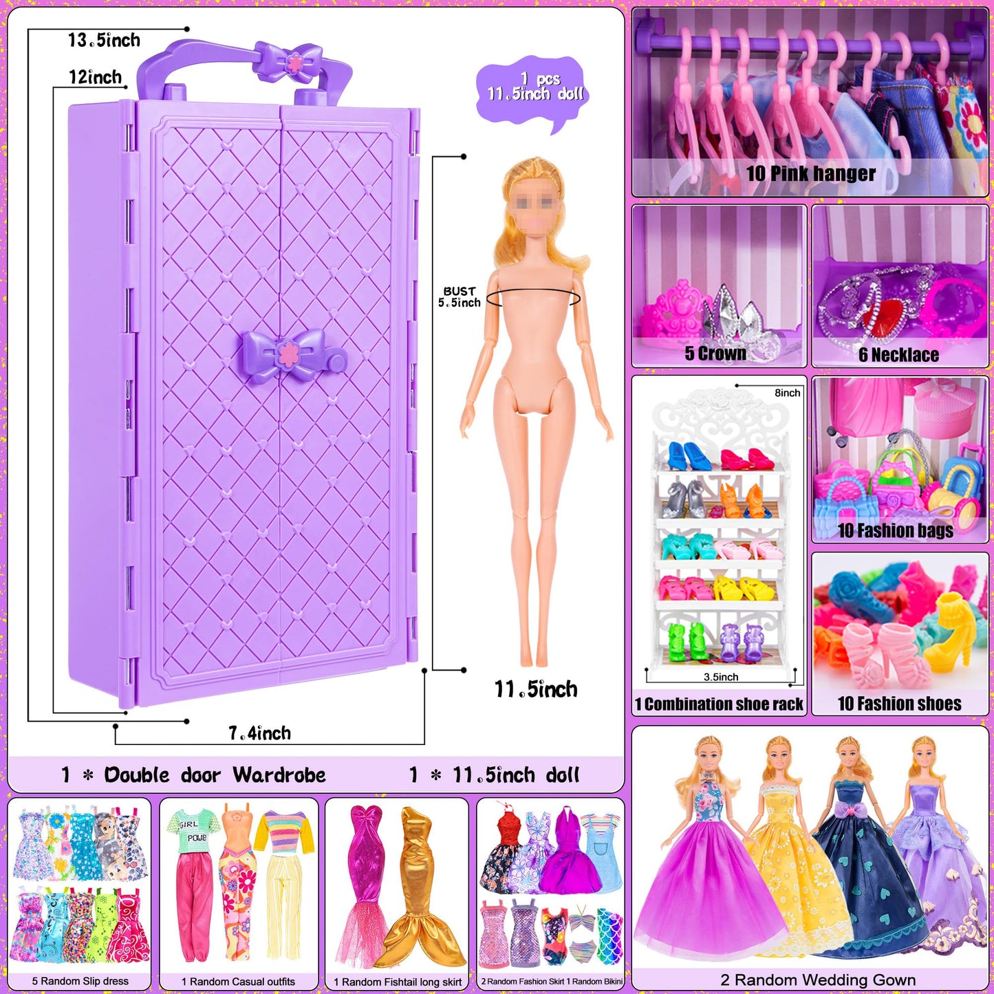 140 Pack 11.5-inch Doll & Closet Set — Fashion DIY Wardrobe Clothes & Accessories